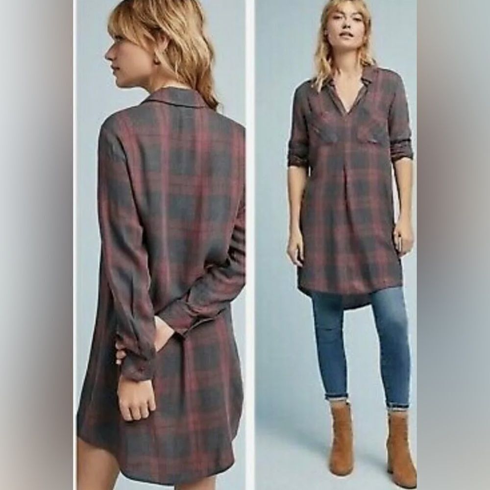 Cloth & stone gray and pink plaid tunic dress v neck pullover, size small